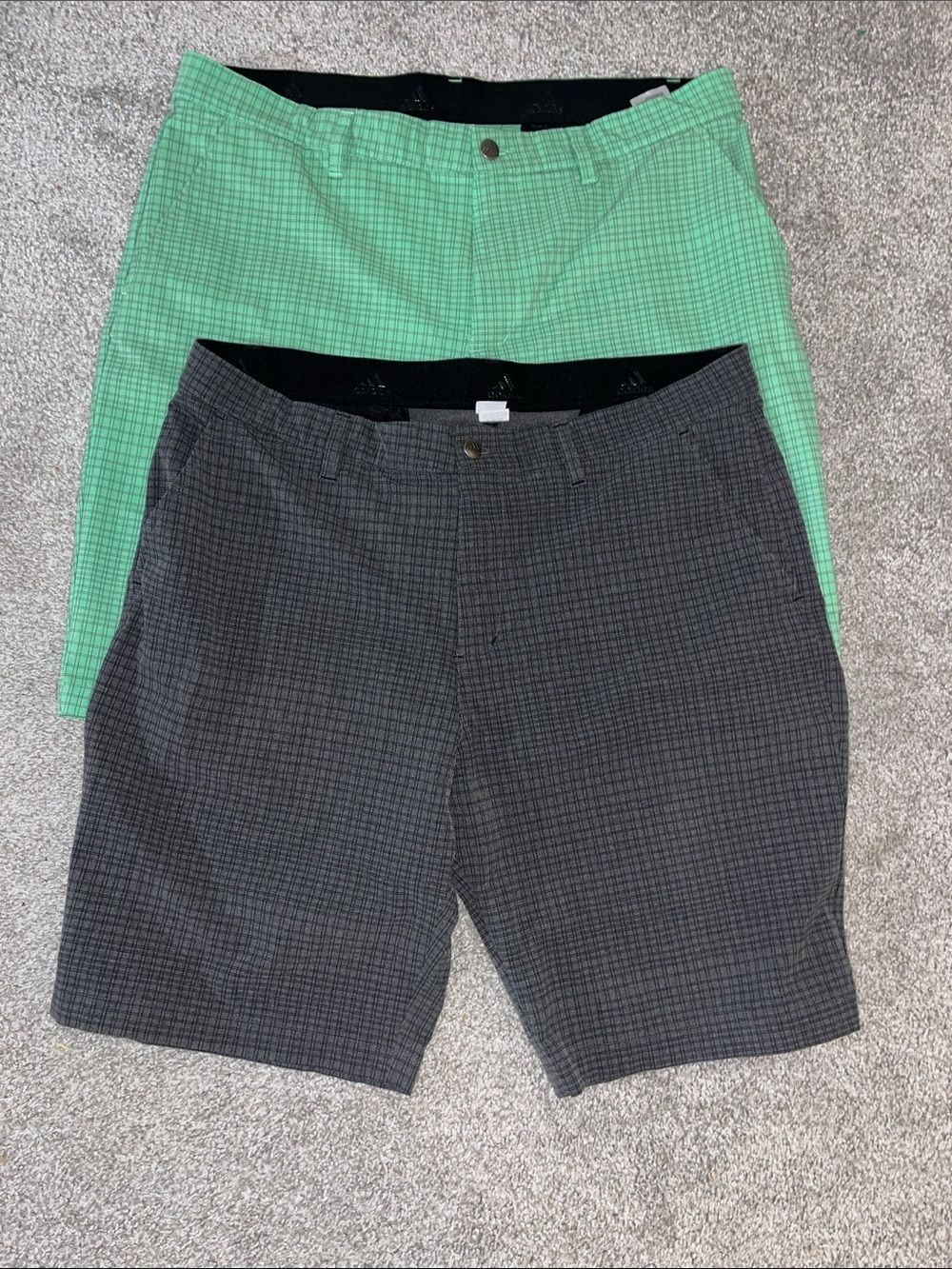 2-Adidas Green Gray Plaid Golf Polo 10” shorts 36 Poly Elastine Blend $75 ea New